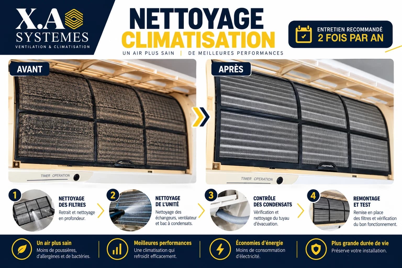 Nettoyage d'une climatisation par X.A Systemes : filtres avant et après, et les quatre étapes de l'entretien